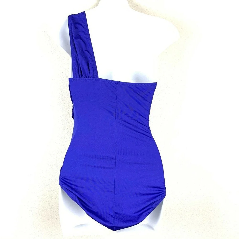 La Blanca One Shoulder Gather Ruched One Piece Swimsuit Size‎ 6 Blue LB4KV14